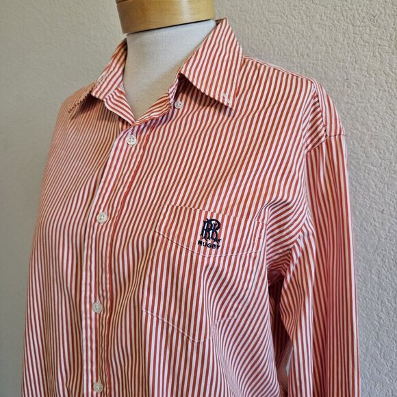 Vintage Ralph Lauren Rugby Orange Striped Cotton Long Sleeve Collared Shirt L - Picture 3 of 14